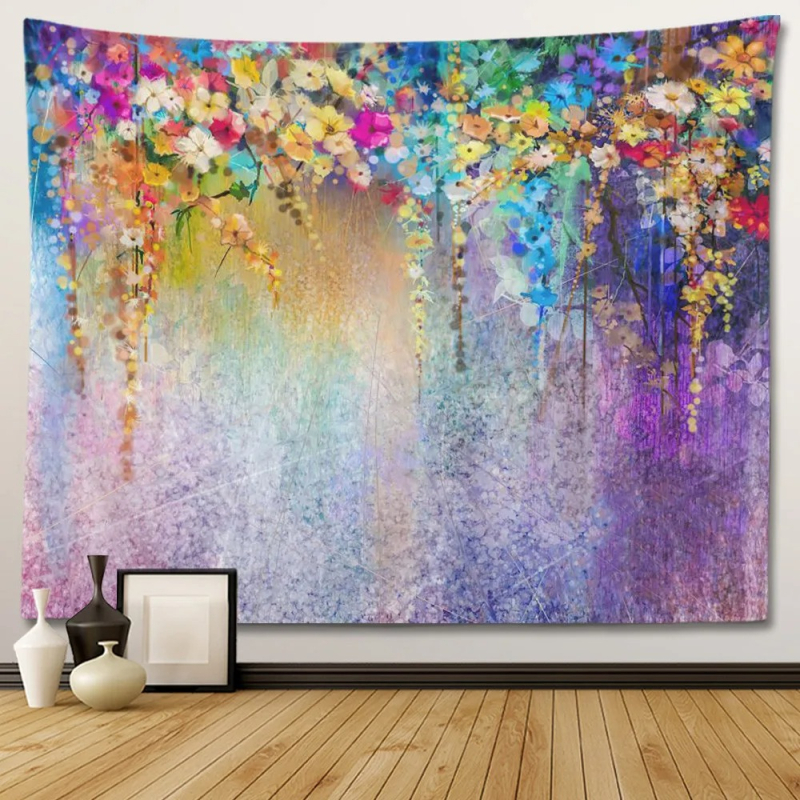 Sienos gobelenas su gėlių psichodeliniu bohemišku dizainu; 100% poliesteris, Nordic stilius, peizažo motyvas, pritaikomas; tinka svetainei, miegamajam, studijai, restoranui, vaikų kambariui