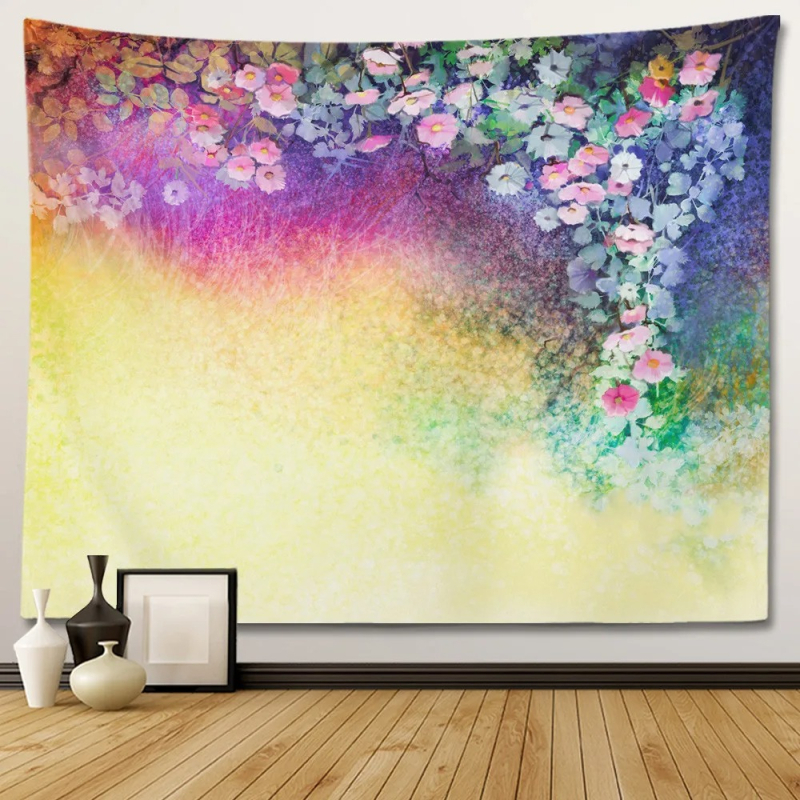 Sienos gobelenas su gėlių psichodeliniu bohemišku dizainu; 100% poliesteris, Nordic stilius, peizažo motyvas, pritaikomas; tinka svetainei, miegamajam, studijai, restoranui, vaikų kambariui