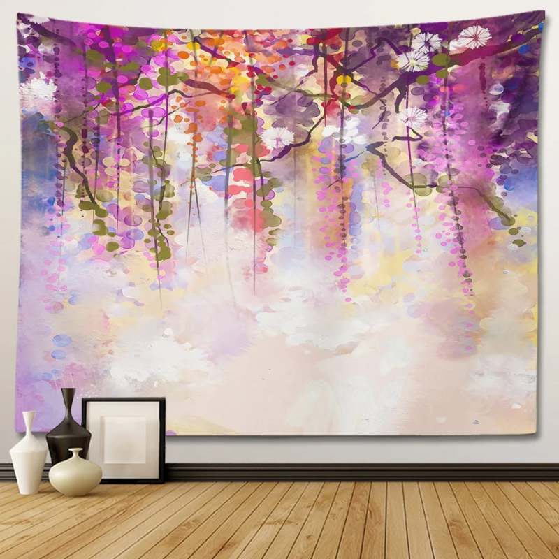 Sienos gobelenas su gėlių psichodeliniu bohemišku dizainu; 100% poliesteris, Nordic stilius, peizažo motyvas, pritaikomas; tinka svetainei, miegamajam, studijai, restoranui, vaikų kambariui