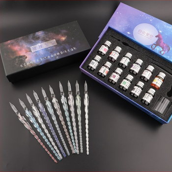 Set stilou din sticlă pentru cerneală – instrument de scris din sticlă cristal, gravură personalizată și logo imprimat, gata de cadou