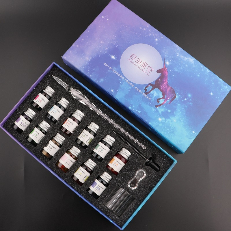 Set stilou din sticlă pentru cerneală – instrument de scris din sticlă cristal, gravură personalizată și logo imprimat, gata de cadou