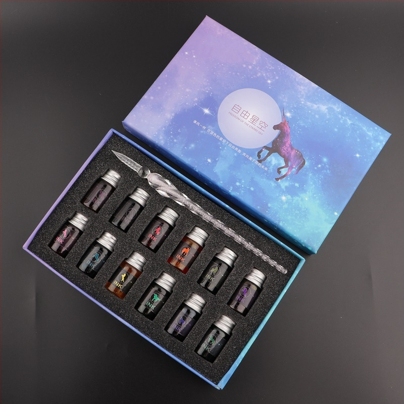 Set stilou din sticlă pentru cerneală – instrument de scris din sticlă cristal, gravură personalizată și logo imprimat, gata de cadou