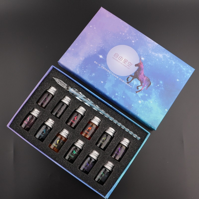 Set stilou din sticlă pentru cerneală – instrument de scris din sticlă cristal, gravură personalizată și logo imprimat, gata de cadou