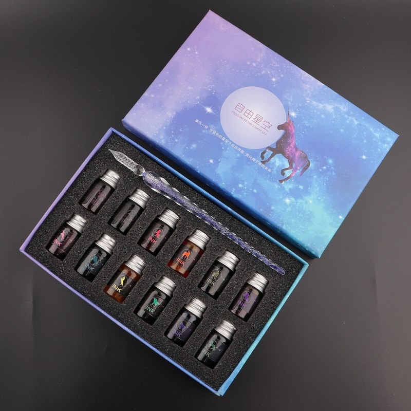 Set stilou din sticlă pentru cerneală – instrument de scris din sticlă cristal, gravură personalizată și logo imprimat, gata de cadou