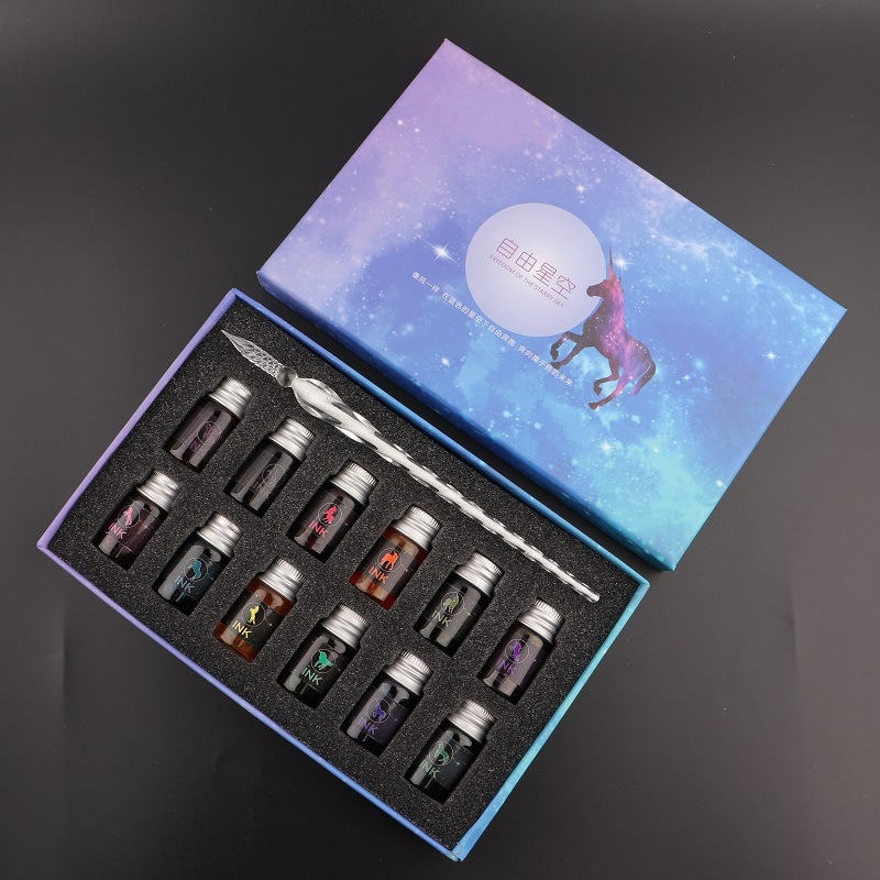 Set stilou din sticlă pentru cerneală – instrument de scris din sticlă cristal, gravură personalizată și logo imprimat, gata de cadou