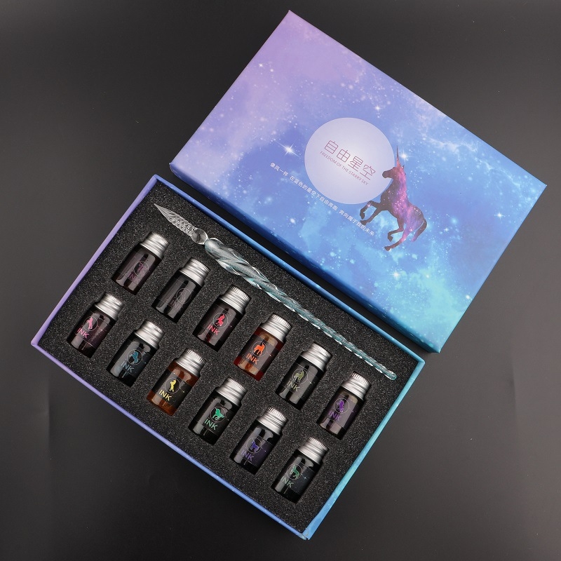 Set stilou din sticlă pentru cerneală – instrument de scris din sticlă cristal, gravură personalizată și logo imprimat, gata de cadou