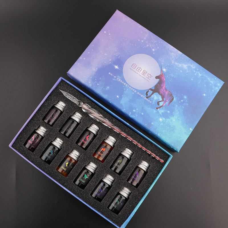 Set stilou din sticlă pentru cerneală – instrument de scris din sticlă cristal, gravură personalizată și logo imprimat, gata de cadou