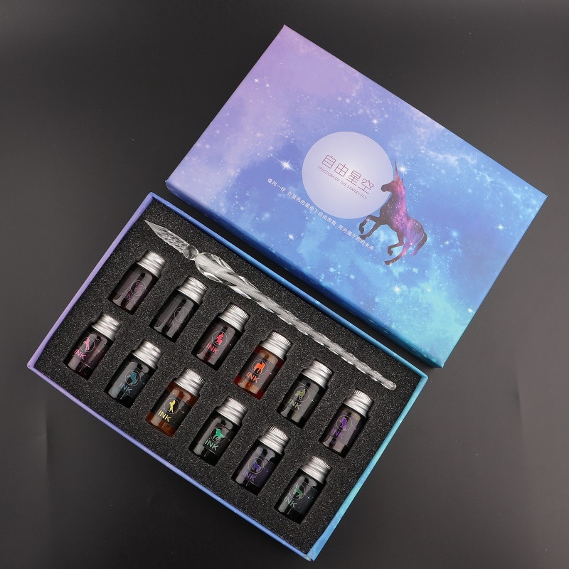 Set stilou din sticlă pentru cerneală – instrument de scris din sticlă cristal, gravură personalizată și logo imprimat, gata de cadou