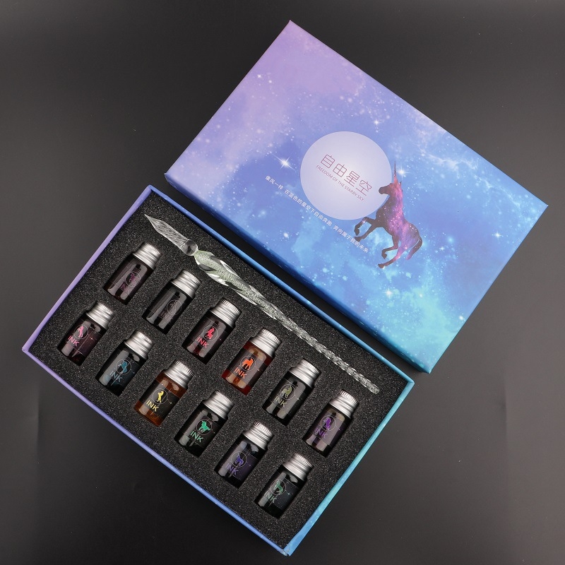 Set stilou din sticlă pentru cerneală – instrument de scris din sticlă cristal, gravură personalizată și logo imprimat, gata de cadou