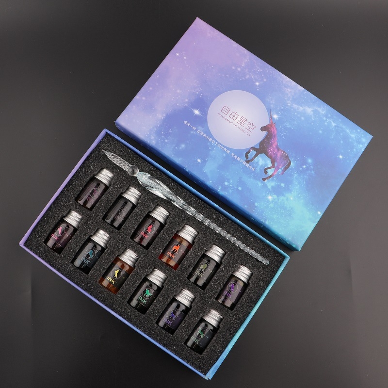 Set stilou din sticlă pentru cerneală – instrument de scris din sticlă cristal, gravură personalizată și logo imprimat, gata de cadou