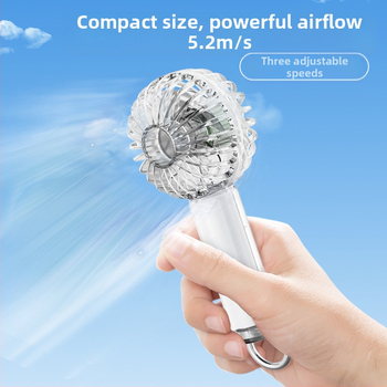 Prozirni ručni ventilator s hlađenjem ledom, ugrađena baterija 1000-1200 mAh, brushless motor s 3 brzine, 3.7V 5W