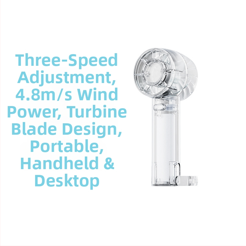 Prozirni ručni ventilator s hlađenjem ledom, ugrađena baterija 1000-1200 mAh, brushless motor s 3 brzine, 3.7V 5W