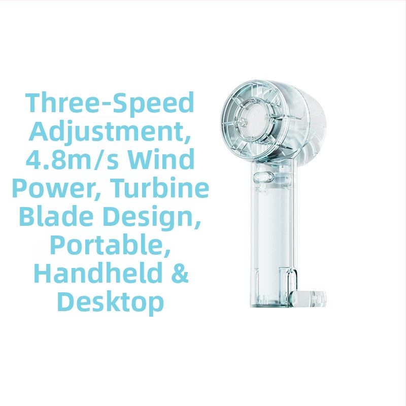 Prozirni ručni ventilator s hlađenjem ledom, ugrađena baterija 1000-1200 mAh, brushless motor s 3 brzine, 3.7V 5W