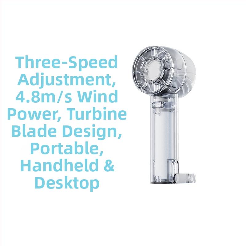 Prozirni ručni ventilator s hlađenjem ledom, ugrađena baterija 1000-1200 mAh, brushless motor s 3 brzine, 3.7V 5W