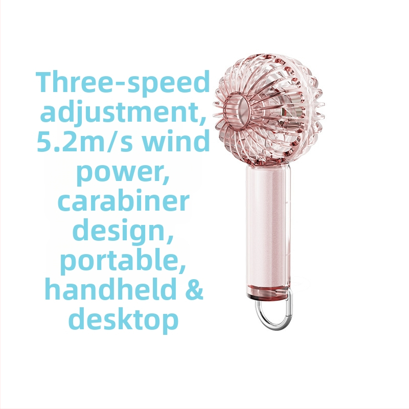 Prozirni ručni ventilator s hlađenjem ledom, ugrađena baterija 1000-1200 mAh, brushless motor s 3 brzine, 3.7V 5W