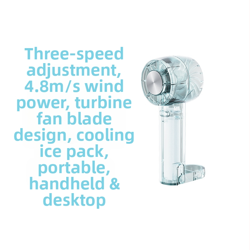 Prozirni ručni ventilator s hlađenjem ledom, ugrađena baterija 1000-1200 mAh, brushless motor s 3 brzine, 3.7V 5W