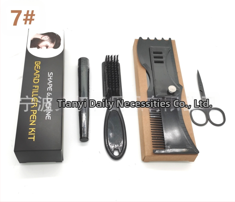 Set de îngrijire a bărbii cu stilou pentru barbă, stilou de umplere, perie, pieptene de modelare și foarfecă – periile din nailon, mâner din plastic, ambalare în cutie, 1 set, TIANYI