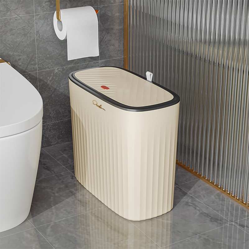 Plastmasas atkritumu tvertne ar nospiestamu atvērumu un pop-up vāku, 12 L vai vairāk, garu cilindrisku formu, mājas lietošanai