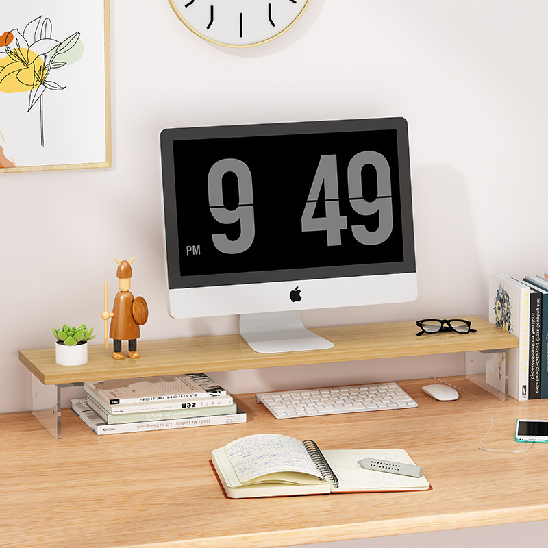 Raft de depozitare pentru birou cu două niveluri, din lemn/bambus, multifuncțional, portabil, montaj pe birou