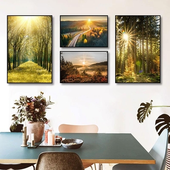 Διακοσμητικός πίνακας τοπίου δάσους με Ανατολή Ηλίου — κορνίζα από αλουμίνιο, καμβάς λαδιού, χειροποίητη ζωγραφική, σαλόνι, μοντέρνος μινιμαλισμός