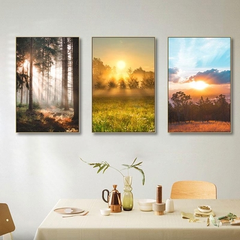 Διακοσμητικός πίνακας τοπίου δάσους με Ανατολή Ηλίου — κορνίζα από αλουμίνιο, καμβάς λαδιού, χειροποίητη ζωγραφική, σαλόνι, μοντέρνος μινιμαλισμός