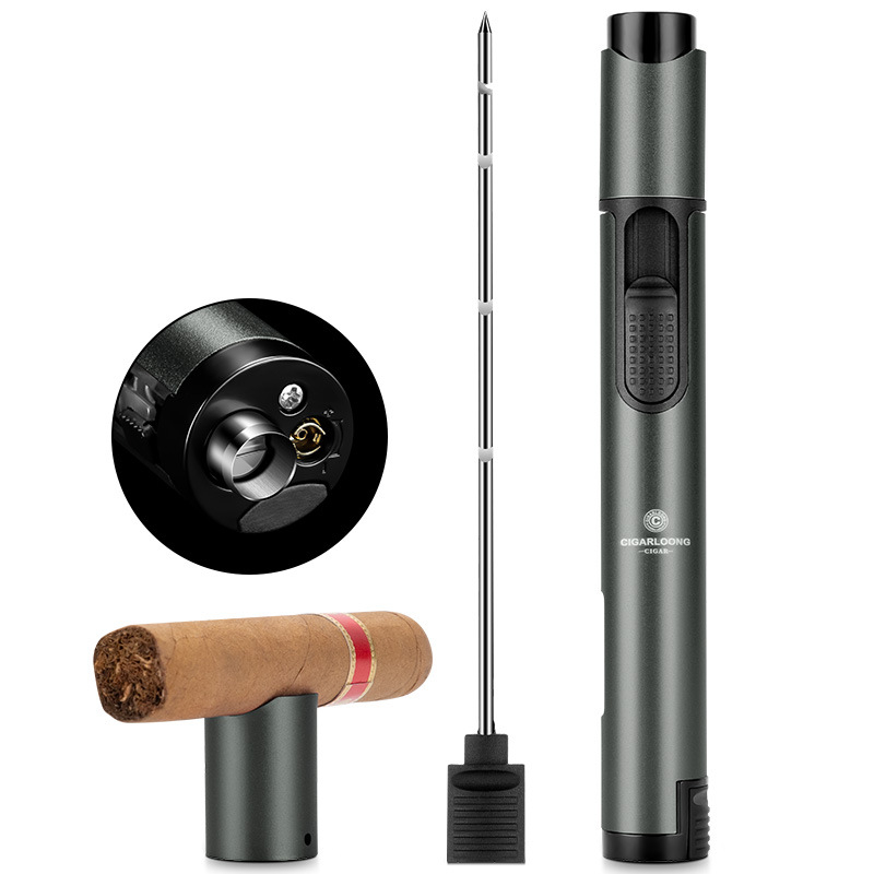 Upaljač za trabuce iz legure, napajan butanom, ponovno punjiv, ugrađena igla za trabuc, držač trabuca, vidljiv nivo goriva