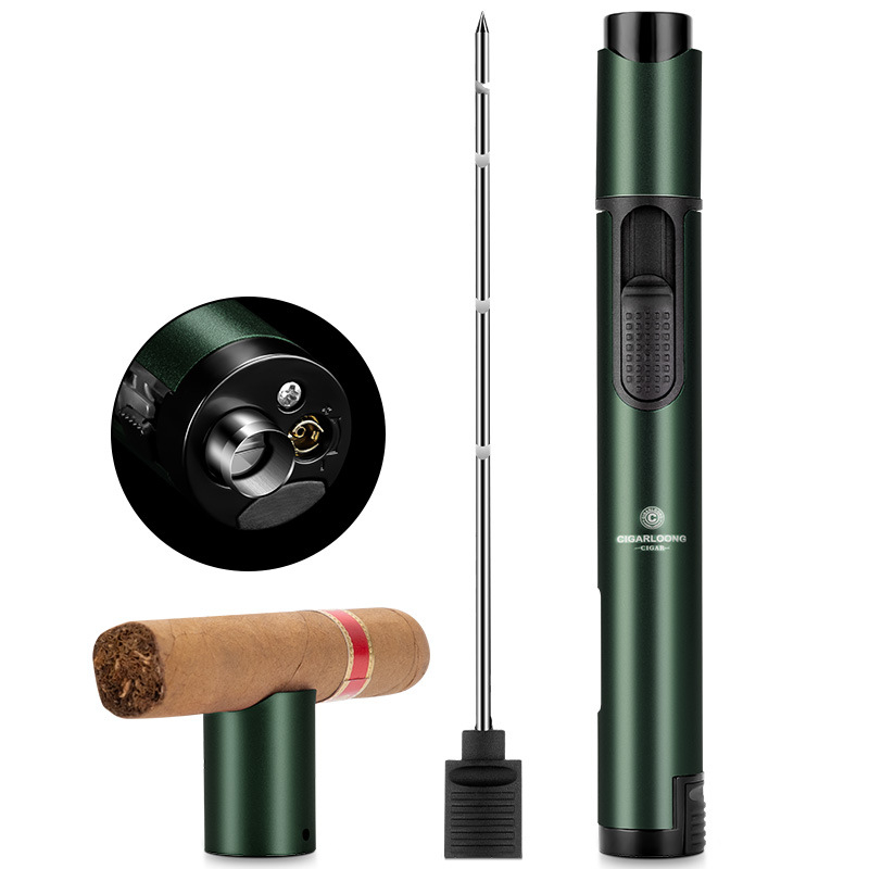 Upaljač za trabuce iz legure, napajan butanom, ponovno punjiv, ugrađena igla za trabuc, držač trabuca, vidljiv nivo goriva