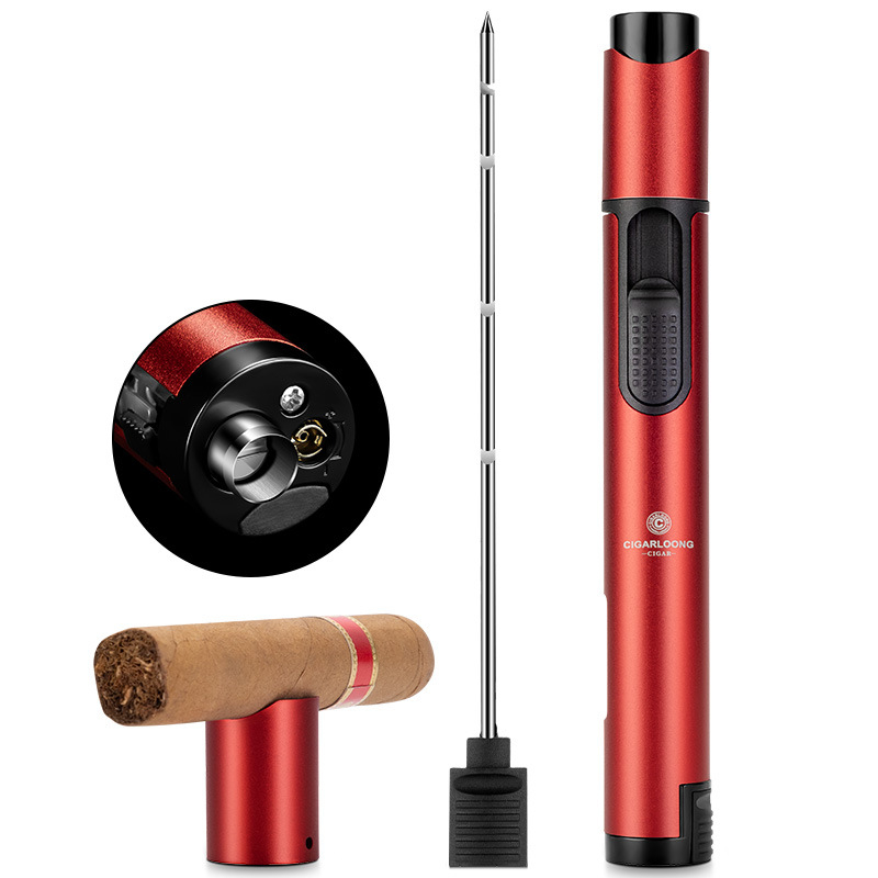 Upaljač za trabuce iz legure, napajan butanom, ponovno punjiv, ugrađena igla za trabuc, držač trabuca, vidljiv nivo goriva