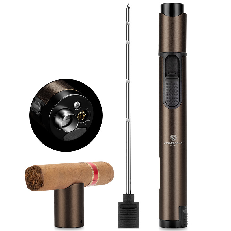 Upaljač za trabuce iz legure, napajan butanom, ponovno punjiv, ugrađena igla za trabuc, držač trabuca, vidljiv nivo goriva