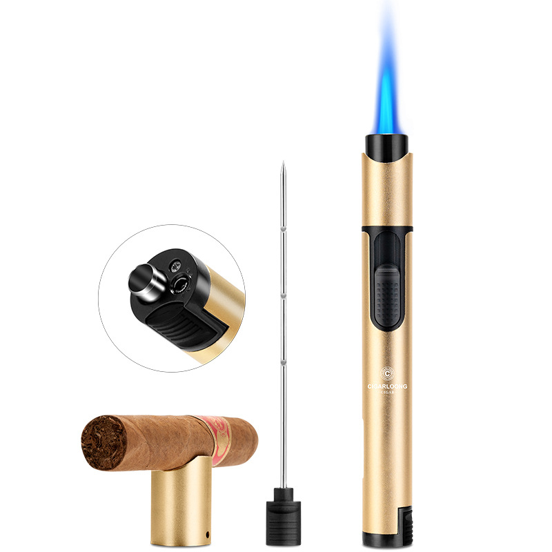 Upaljač za trabuce iz legure, napajan butanom, ponovno punjiv, ugrađena igla za trabuc, držač trabuca, vidljiv nivo goriva