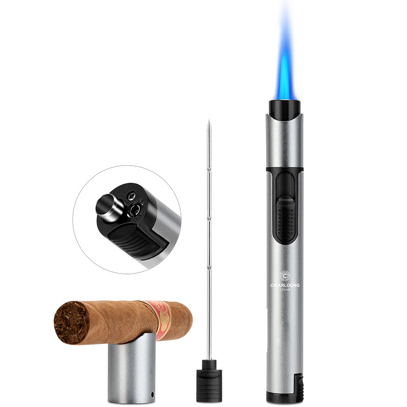 Upaljač za trabuce iz legure, napajan butanom, ponovno punjiv, ugrađena igla za trabuc, držač trabuca, vidljiv nivo goriva