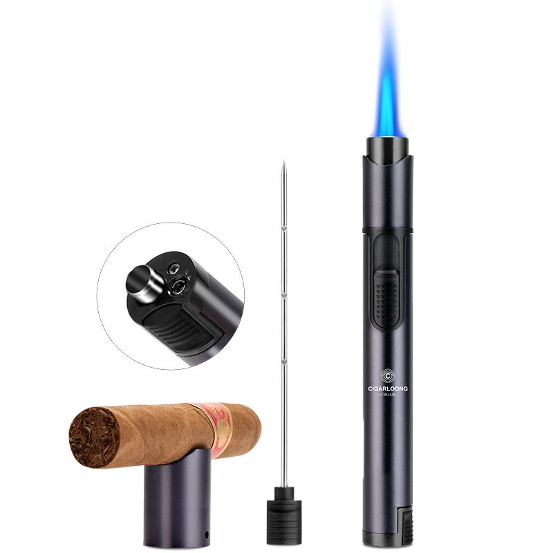 Upaljač za trabuce iz legure, napajan butanom, ponovno punjiv, ugrađena igla za trabuc, držač trabuca, vidljiv nivo goriva