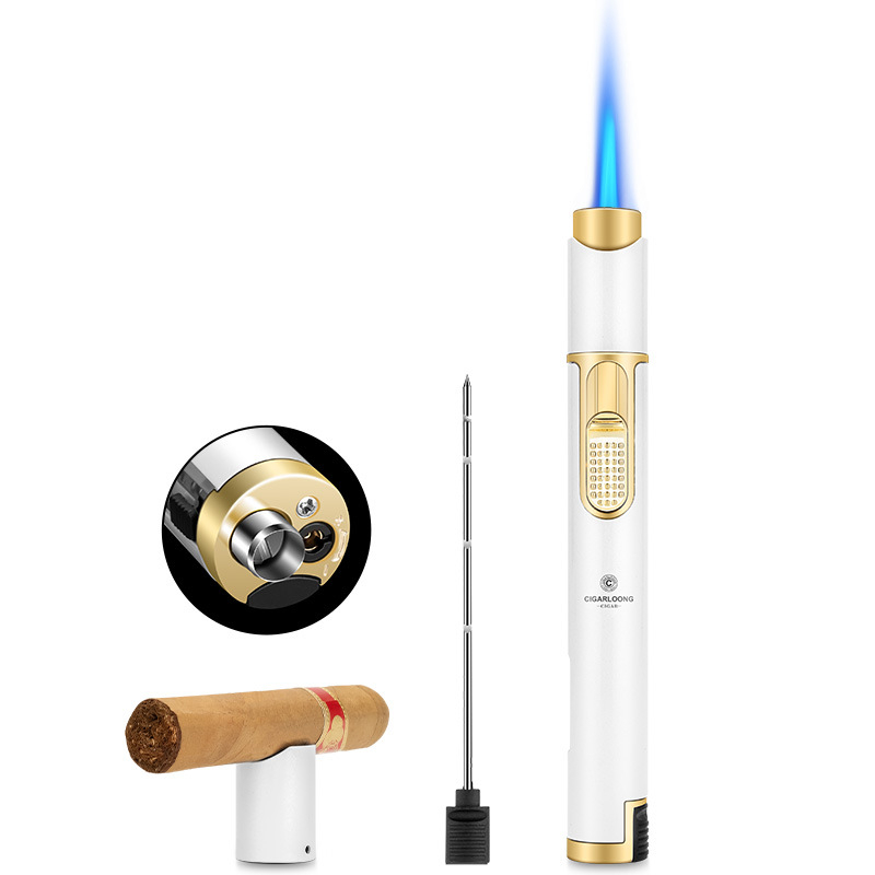 Upaljač za trabuce iz legure, napajan butanom, ponovno punjiv, ugrađena igla za trabuc, držač trabuca, vidljiv nivo goriva