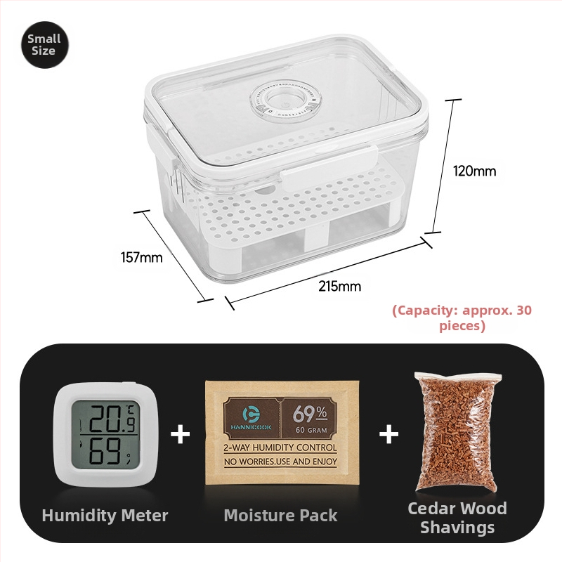 HANNICOOK szivaros doboz – zárható, nedvesség- és rovarálló, nedvesítésre és érlelésre, fogantyúval; anyagok: PET/PP/szilikon; stílus: egyszerű
