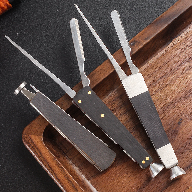 Ebanska lula za duhan – Pipe Man, 3-u-1 od nehrđajućeg čelika: nož, tlačna šipka i igličasti čišćivač