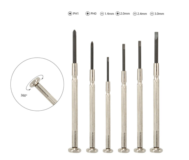 Set alata za popravak satova, 6 komada, ugljična čelična, nemagnetno, bez izolacije, promjer vijaka 1.0–3.0 mm, u prozirnoj PP kutiji