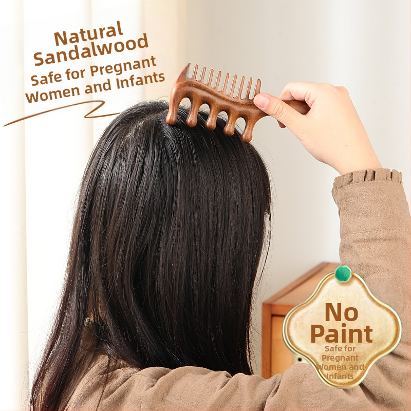 Гребена от сандалово дърво с пет зъба, закръглена глава, за меридианен масаж на скалпа