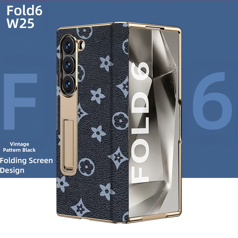 Husă de protecție pentru Samsung Fold cu margine placată cu aur și axă centrală din piele naturală, finisaj electroplacat, protecție anti-cădere