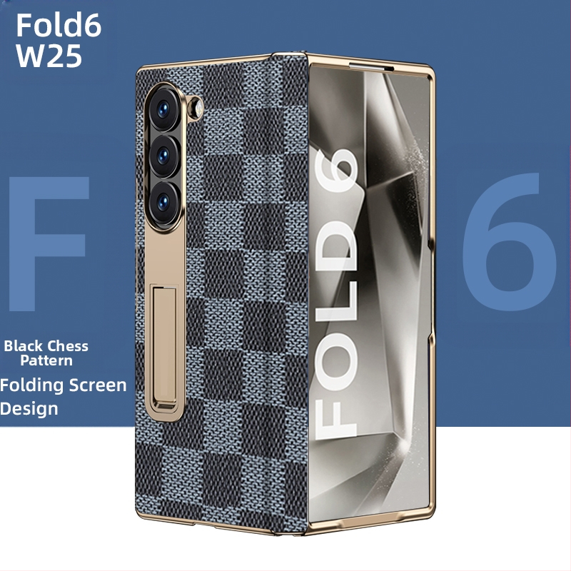 Husă de protecție pentru Samsung Fold cu margine placată cu aur și axă centrală din piele naturală, finisaj electroplacat, protecție anti-cădere