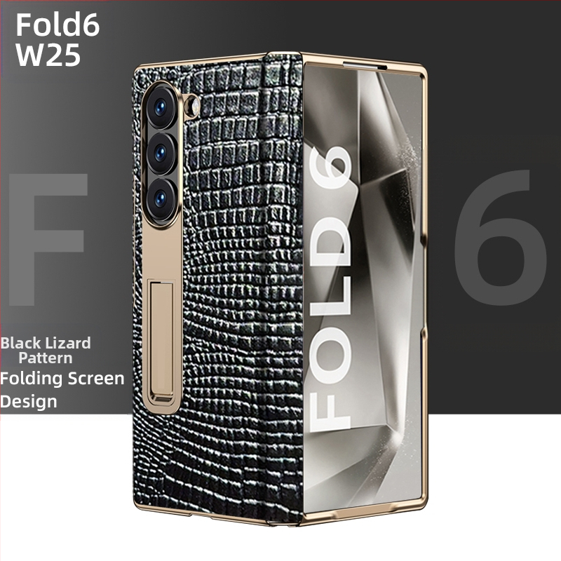 Husă de protecție pentru Samsung Fold cu margine placată cu aur și axă centrală din piele naturală, finisaj electroplacat, protecție anti-cădere