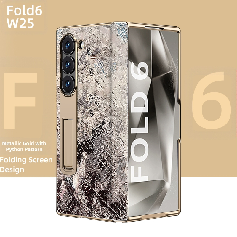 Husă de protecție pentru Samsung Fold cu margine placată cu aur și axă centrală din piele naturală, finisaj electroplacat, protecție anti-cădere