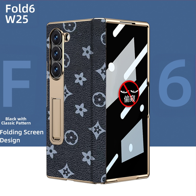 Husă de protecție pentru Samsung Fold cu margine placată cu aur și axă centrală din piele naturală, finisaj electroplacat, protecție anti-cădere