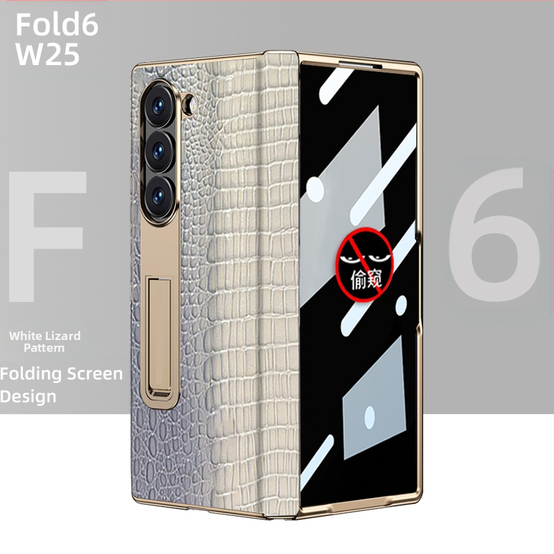 Husă de protecție pentru Samsung Fold cu margine placată cu aur și axă centrală din piele naturală, finisaj electroplacat, protecție anti-cădere