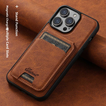 Kućište za iPhone s bežičnim punjenjem, magnetskim pretincem za kartice i postoljem — ugravirana PU koža + TPU s magnetom, kompatibilno s serijom iPhone 12–15