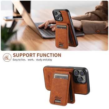 Kućište za iPhone s bežičnim punjenjem, magnetskim pretincem za kartice i postoljem — ugravirana PU koža + TPU s magnetom, kompatibilno s serijom iPhone 12–15