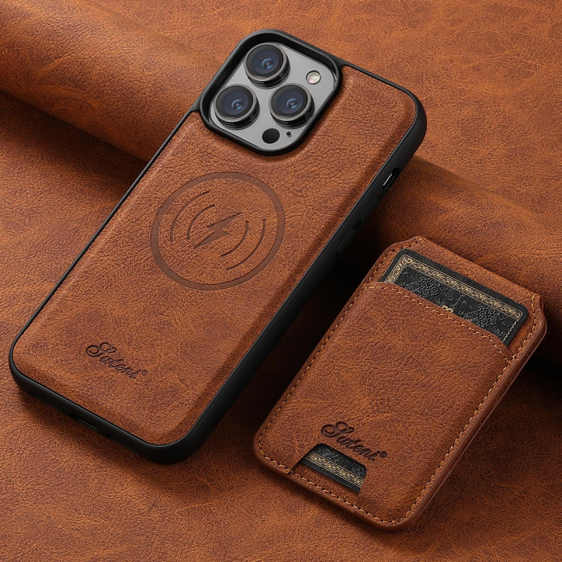 iPhone dėklas belaidžio įkrovimo galimybei, magnetiniu kortelių laikikliu ir stovu — PU oda + TPU su reljefu, suderinamas su iPhone 12–15 serijomis