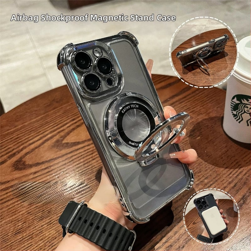 Magnetinis dėklas iPhone 11–14 Pro/Max, atsparus kritimui keturiuose kampuose, elektroplatinintas akrilas