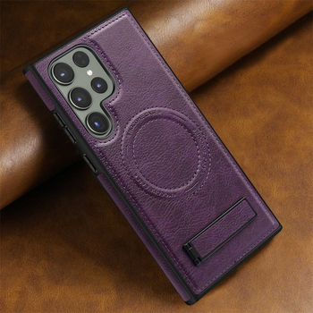 Samsung Galaxy S24 Ultra магнитен MagSafe кейс с вградена подставка — ръчно изработена кожа, PU+TPU+PC с магнит