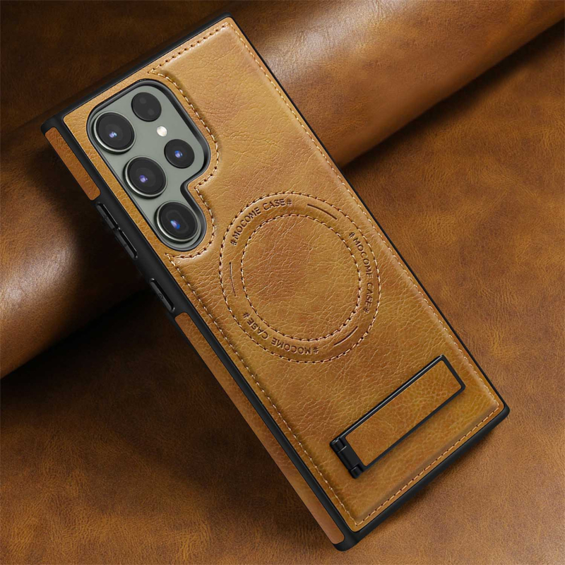 Husă Samsung Galaxy S24 Ultra Magnetic MagSafe cu suport încorporat — piele lucrată manual, PU+TPU+PC cu magnet