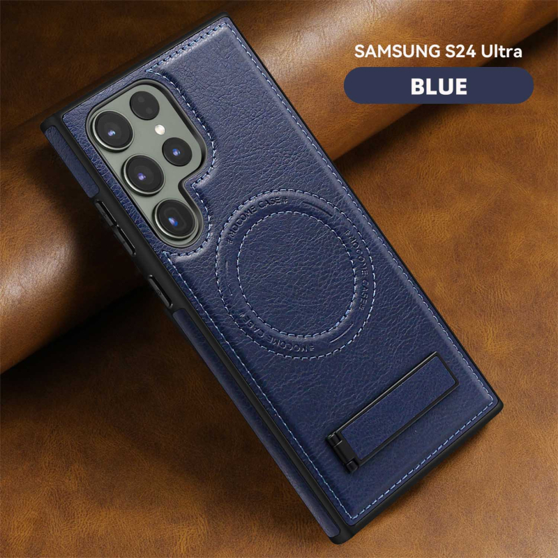 Husă Samsung Galaxy S24 Ultra Magnetic MagSafe cu suport încorporat — piele lucrată manual, PU+TPU+PC cu magnet